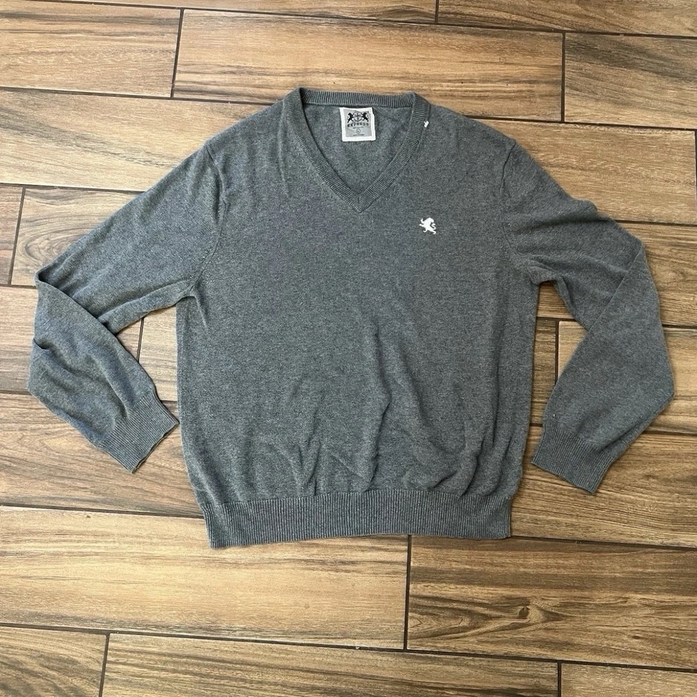 Express Mens V-Neck Sweater Large Gray 100% Cotton Knit Pullover Logo